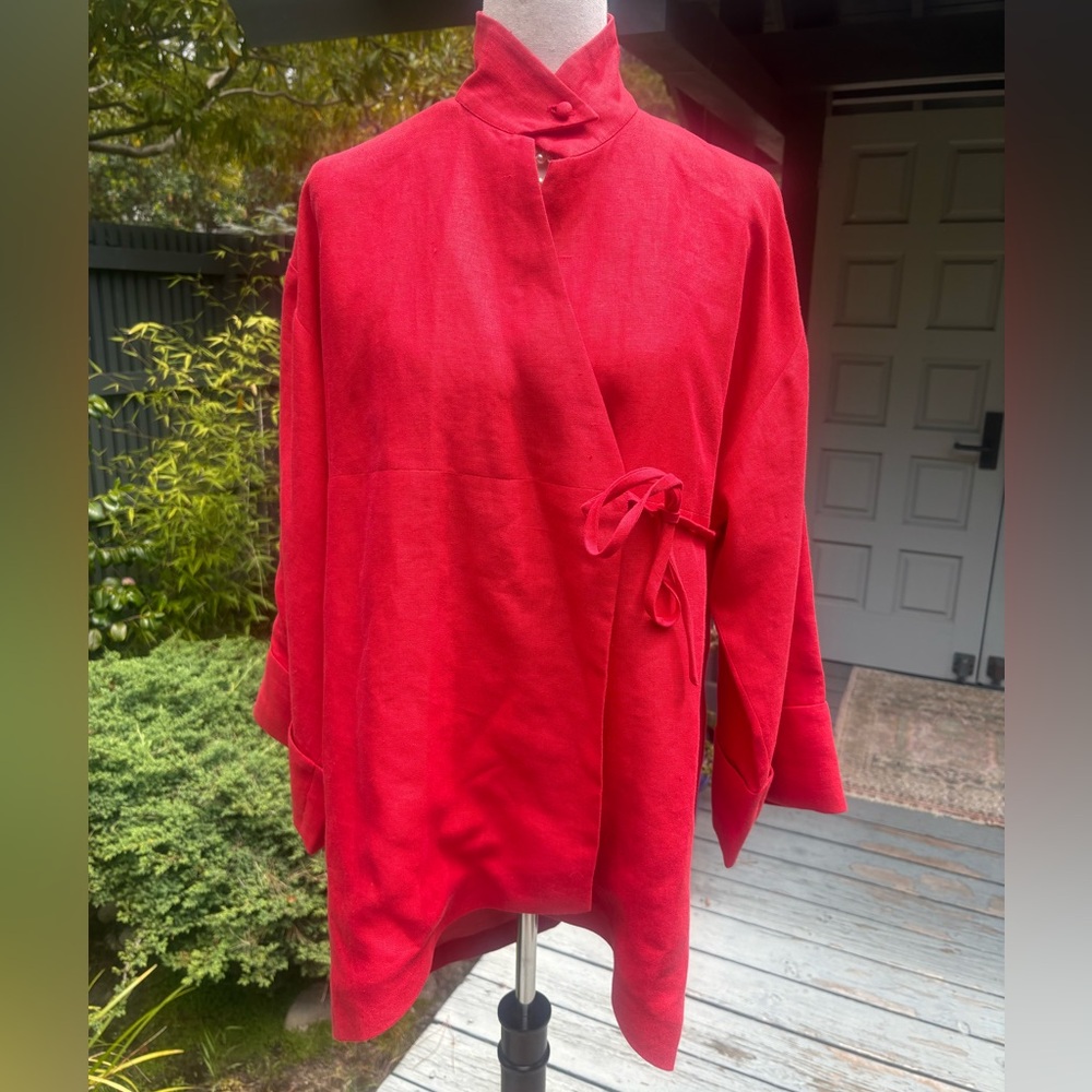 Loraine Croft Elegant Red Linen Wrap Jacket